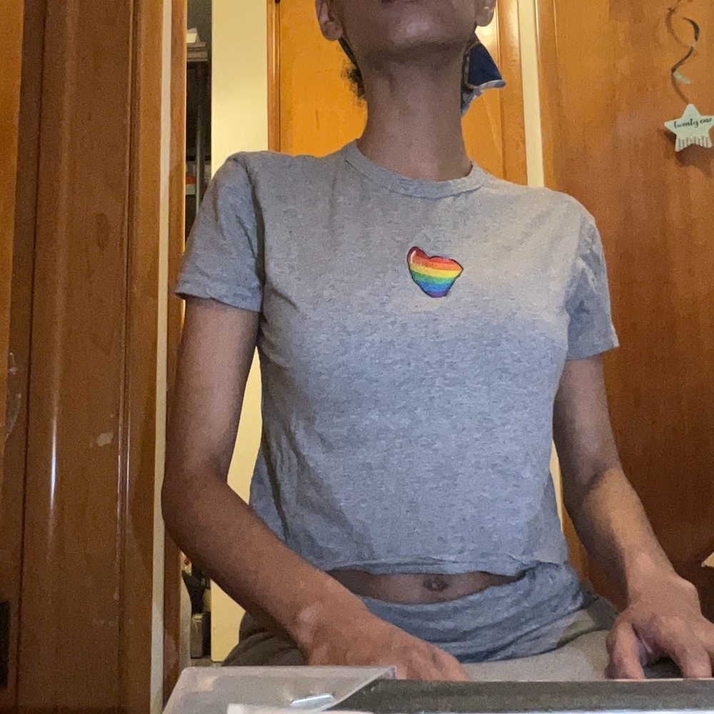 Women's Gray Baby Tee with Rainbow Heart Embroidery